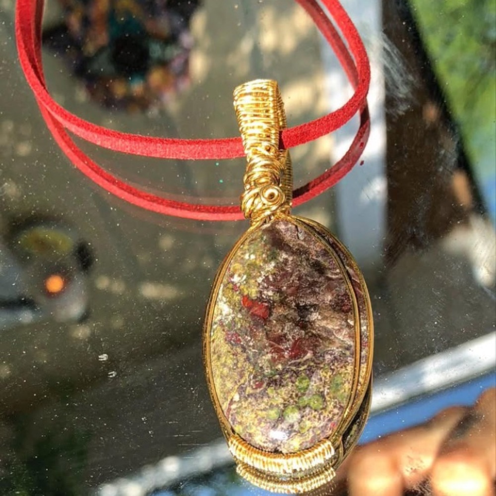 Gold and Red Wire-Wrapped Pendant Necklace